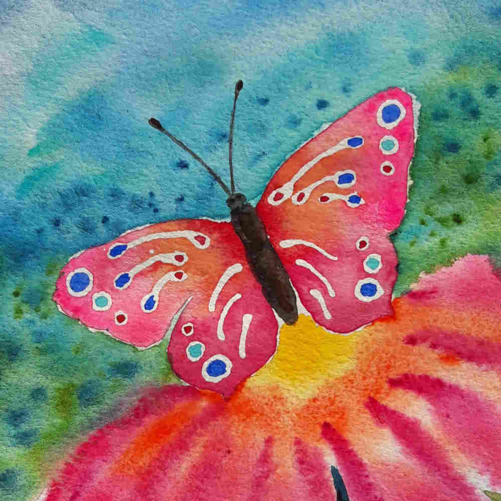 Obraz do posta o wysokiej wrażliwości: Ręcznie malowany obraz akwarelowy przedstawiający kolorowego motyla na kwiatku