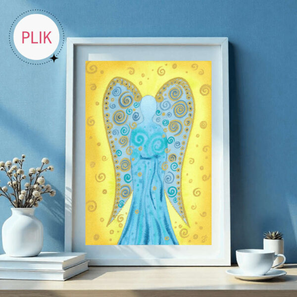 Zdjęcie przedstawia produkt: Obraz anioła Blue Angel malowanego ręcznie akwarelami - niebieski Anioł na żółtym tle z pozłoconymi spiralkami