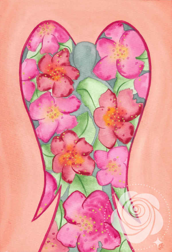 Zdjęcie przedstawia produkt: Obraz ręcznie malowany akwarelami przedstawiający anioła w kwiatach hibiskusa utrzymany w ciepłych kolorach