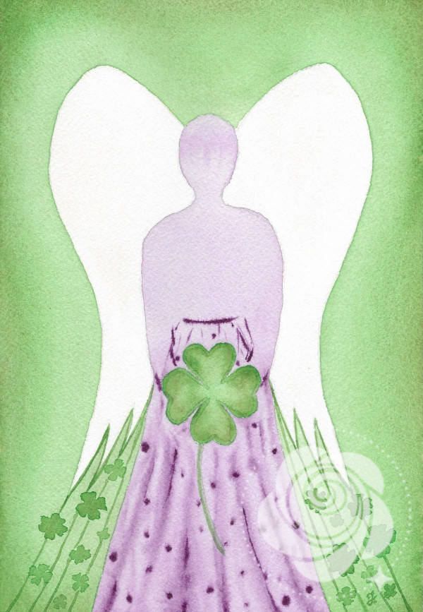 Ręcznie namalowany obraz akwarelami anioła niosącego koniczynkę czterolistną w otoczeniu koniczynek