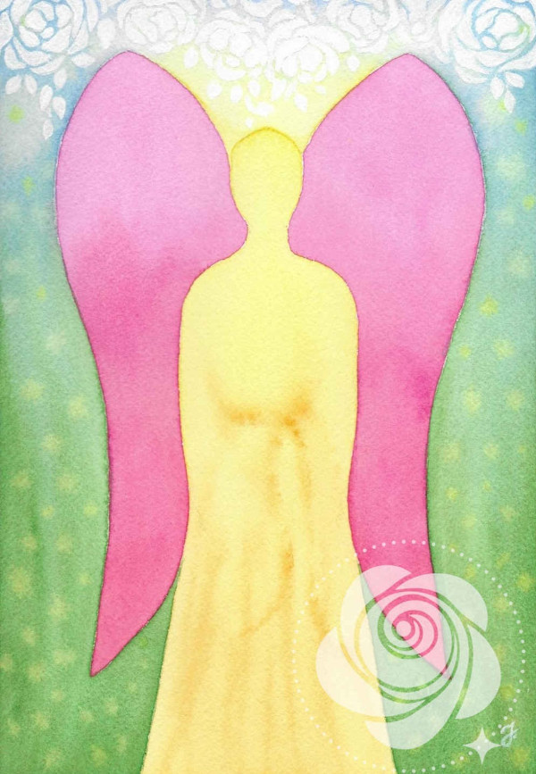 Ręcznie malowany akwarelami anioł ze skrzydłami w kolorze dzikiej róży