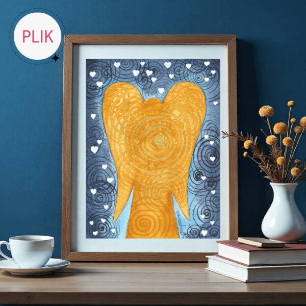 Zdjęcie przedstawia produkt: Poglądowo przedstawiony ręcznie malowany obraz Anioła nazwanego Wibracja miłości stojącego na biurku