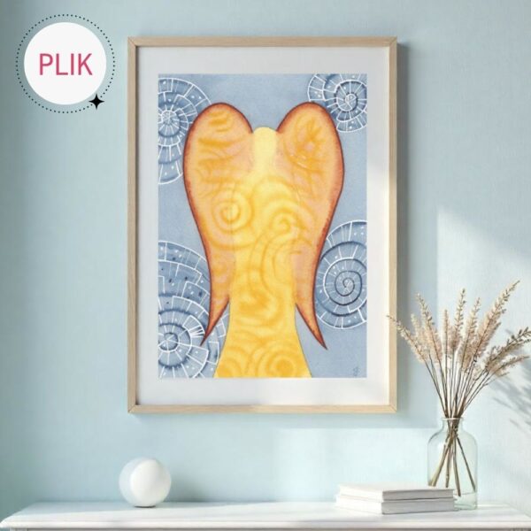 Zdjęcie przedstawia produkt: Obraz Anioła w kolorach bursztynowych na błękitnym tle malowany ręcznie akwarelami