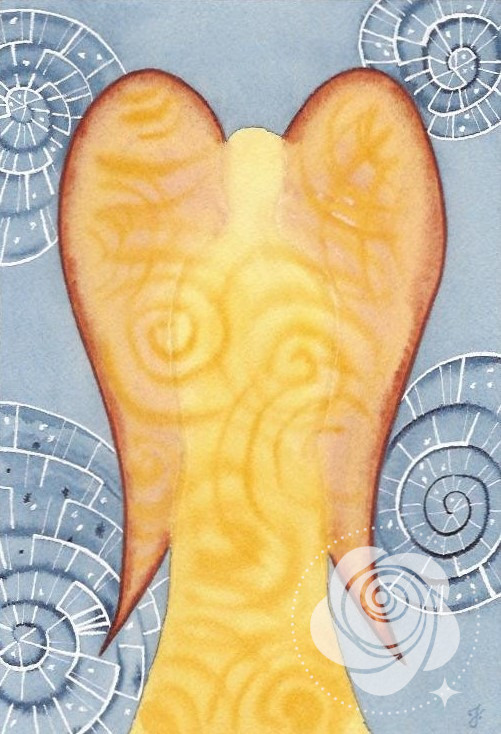 Zdjęcie przedstawia produkt: Obraz Anioła w kolorach bursztynowych na błękitnym tle malowany ręcznie akwarelami