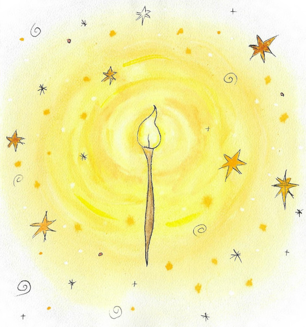 Obrazek na stronie: Obraz ręcznie malowany akwarelami i tuszem przedstawiający pędzel jako symbol kreatywności rozprzestrzeniający wokół siebie światło i energię kreatywności