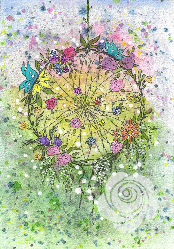 Zdjęcie przedstawia produkt: Obraz przedstawia kolorowy łapacz snów namalowany akwarelami i piórkiem