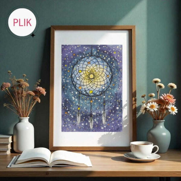 Zdjęcie przedstawia produkt: Obrazek w ramce z ręcznie namalowanym akwarelami łapaczem snów na tle nocnego nieba z gwiazdami