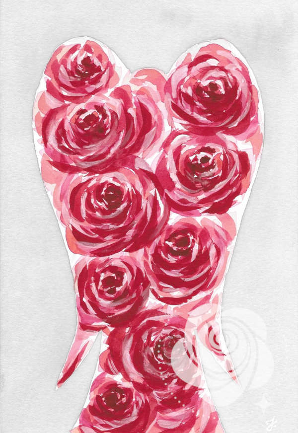 Ręcznie malowany akwarelami Anioł jak bukiet róż w klasycznej czerwieni, na pastelowym, gołębim tle