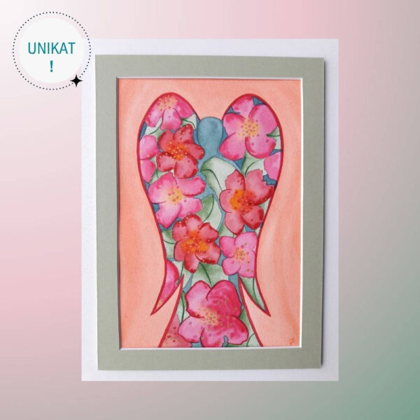 Obraz ręcznie malowany akwarelami przedstawiający Anioła w kwiatach hibiskusa utrzymany w ciepłych kolorach