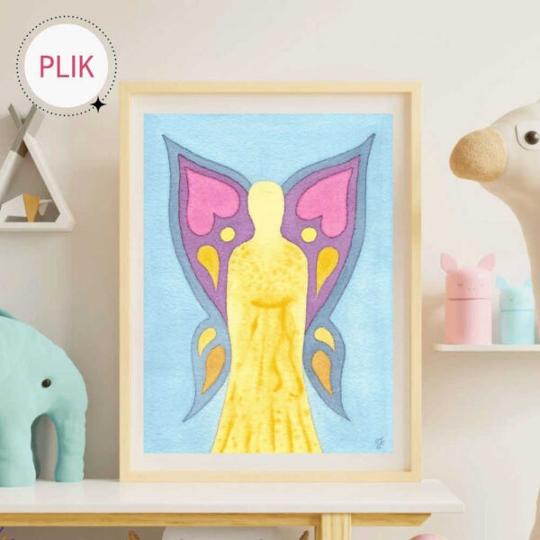 Ręcznie malowany akwarelami niewinny Aniołek ze skrzydłami motyla na niebieskim tle