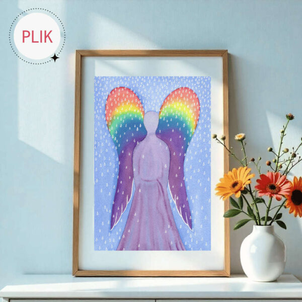Obraz Anioła ze skrzydłami w kolorach tęczy ręcznie malowany akwarelami