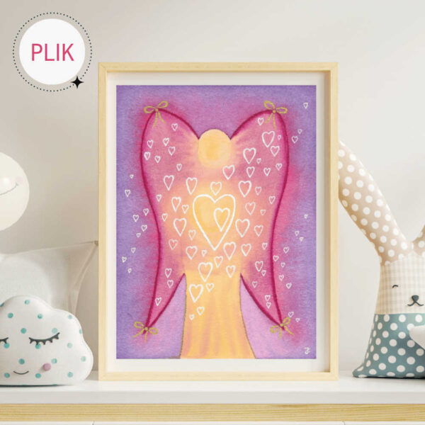 Ręcznie malowany akwarelami aniołek z kokardkami i z serduszkami przedstawiający zakochanego aniołka