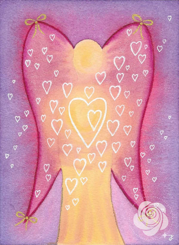 Ręcznie malowany akwarelami aniołek z kokardkami i z serduszkami przedstawiający zakochanego aniołka