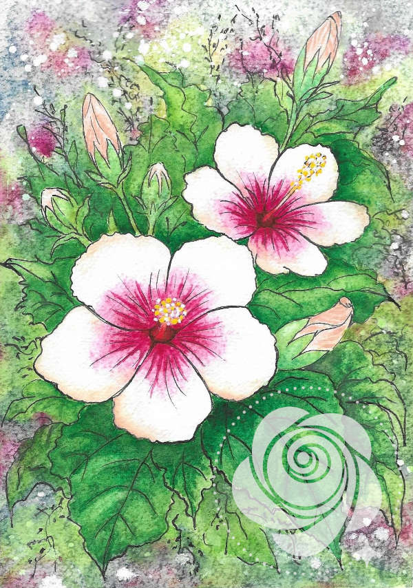 Ręcznie malowany akwarelami i tuszem obraz z hibiskusami kwitnącymi w kolorze jasnego różu na tle zielonych liści