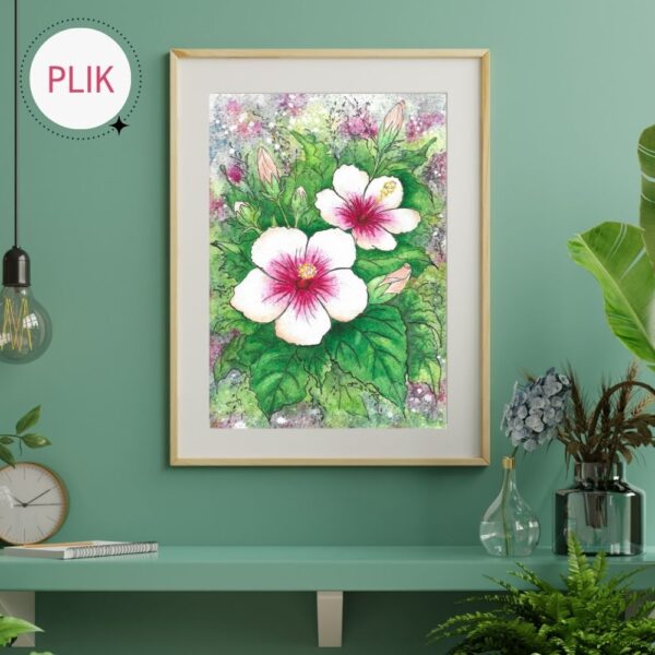 Ręcznie malowany akwarelami i tuszem obraz z hibiskusami kwitnącymi w kolorze jasnego różu na tle zielonych liści