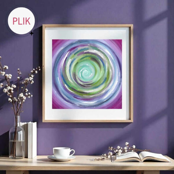 Ręcznie malowana akwarelami i gwaszem mandala w pięknych kolorach fioletu, purpury, niebieskościach, turkusach i zieleniach