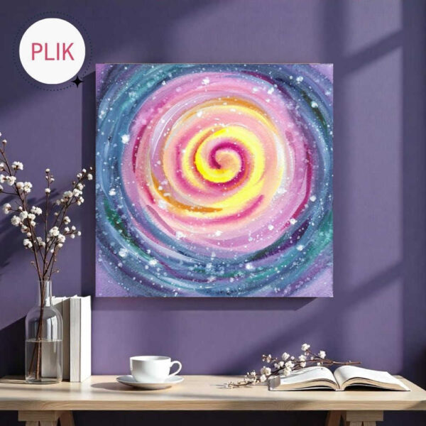 Ręcznie malowana akwarelami i gwaszem kolorowa mandala przypominająca lizaka, stąd jej nazwa "Lollypop"