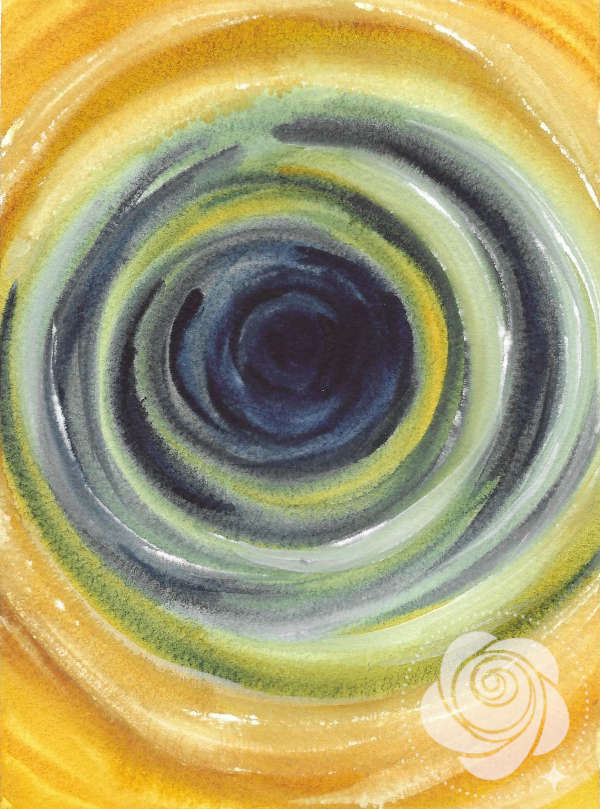 Ręcznie malowana akwarelami mandala w kolorach złotej żółci i ciemnego indygo