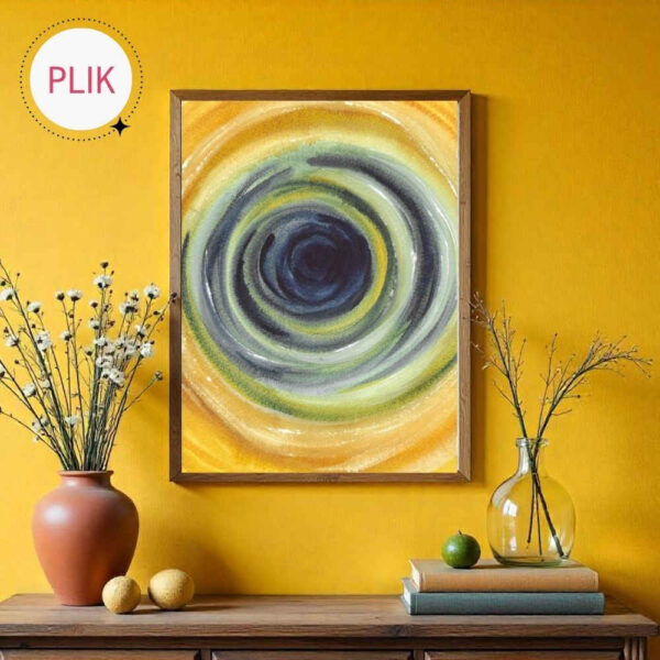 Ręcznie malowana akwarelami mandala w kolorach złotej żółci i ciemnego indygo