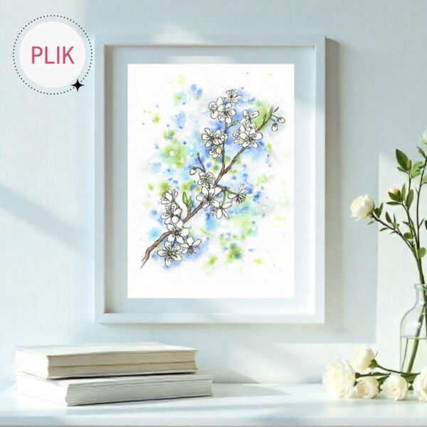 Ręcznie malowany akwarelami i tuszem obraz z kwitnącą gałązką czeremchy