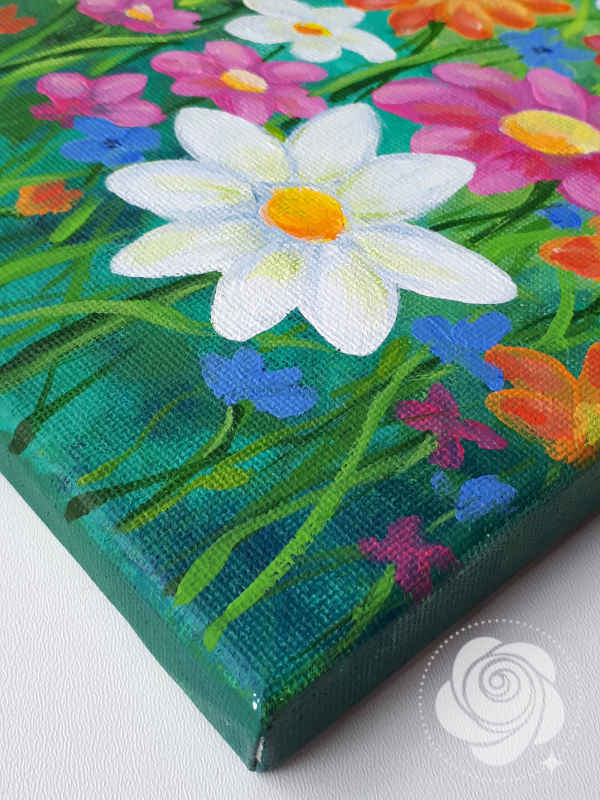 Ręcznie malowany farbami akrylowymi obraz przedstawiający kolorową kwietną łąkę