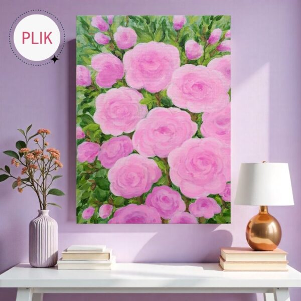 Ręcznie malowany farbami akrylowymi obraz z różami w kolorze cukierkowego różu z zielonymi gałązkami i liśćmi w tle