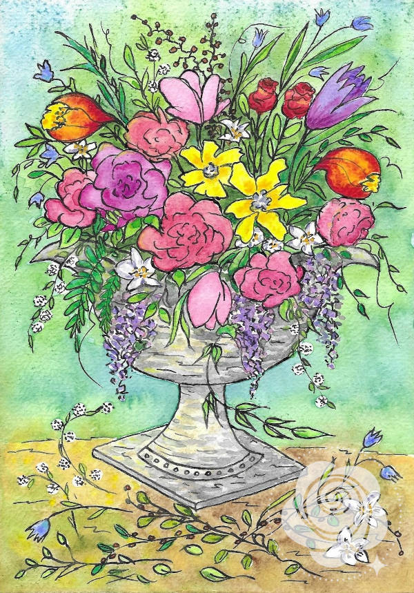 Ręcznie malowany akwarelami i tuszem obraz w w pastelach z fantazyjnym, wielobarwnym bukietem w kamiennej wazie