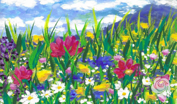 Ręcznie malowany gwaszem i akwarelą obrazek z kolorową kwietną łąkę i górą w tle.