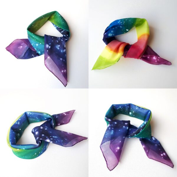 Ręcznie malowana apaszka jedwabna pokazana w różnych wersjach kolorystycznego wiązania