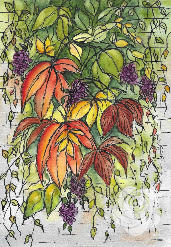 Zdjęcie przedstawia produkt: Ręcznie malowany akwarelami i tuszem obraz z jesiennymi liśćmi w kolorach brązów, pomarańczy, żółci, zieleni zwisających na tle szarości muru