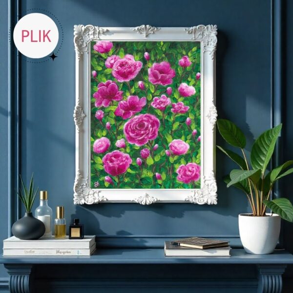 Ręcznie malowany farbami akrylowymi obraz z różami w kolorze magentowego różu pośród zielonych gałązek i liści inspirowany opisem róż w książce "Tajemniczy ogród".