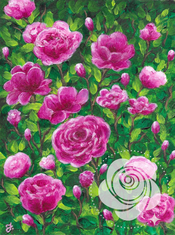 Ręcznie malowany farbami akrylowymi obraz z różami w kolorze magentowego różu pośród zielonych gałązek i liści inspirowany opisem róż w książce "Tajemniczy ogród".