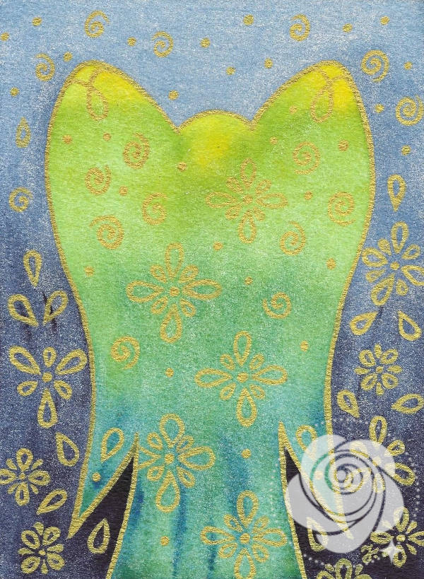 Ręcznie malowany akwarelami Anioł w aksamitnych odcieniach cieniowanej zieleni na niebiesko-indygowym tle. Całość daje złudzenie aksamitu haftowanego w złote ornamenty. Zdobienia namalowane złotą farbą.