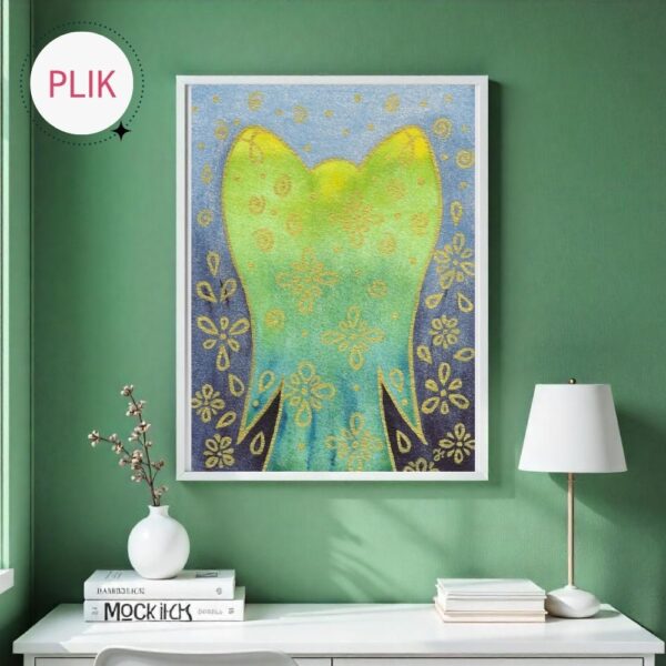 Ręcznie malowany akwarelami Anioł w aksamitnych odcieniach cieniowanej zieleni na niebiesko-indygowym tle. Całość daje złudzenie aksamitu haftowanego w złote ornamenty. Zdobienia namalowane złotą farbą.