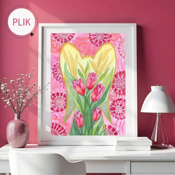 Ręcznie malowany akwarelami Anioł w pastelowych żółcieniach i zieleniach, kwitnący czerwonymi tulipanami. Anioł został obwiedziony złotą farbą.