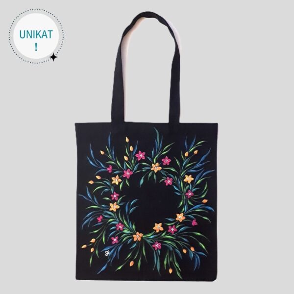 Torba bawełniana czarna ręcznie malowana - Wianek I