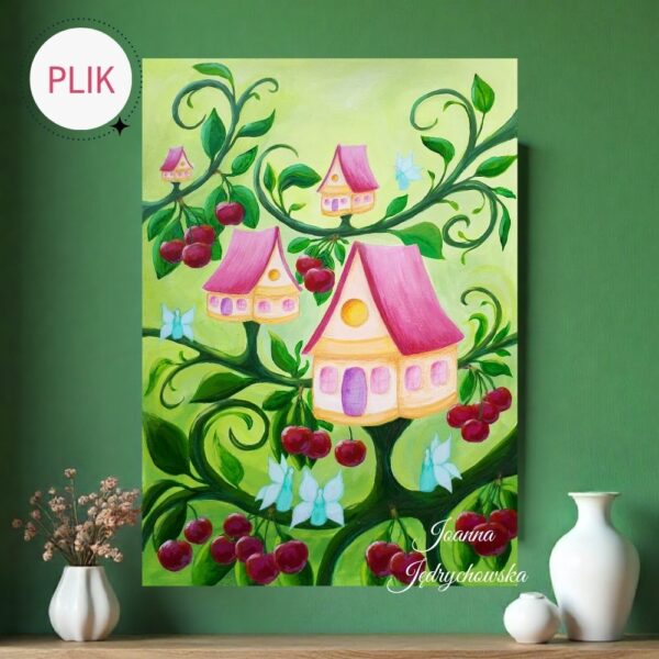 Ręcznie malowany farbami akrylowymi i kredkami bajkowy obraz przedstawiający gałęzie z czereśniami, a na nich domki wróżek i wróżki opiekujące się owocami, w kolorach zieleni i wiśniowym