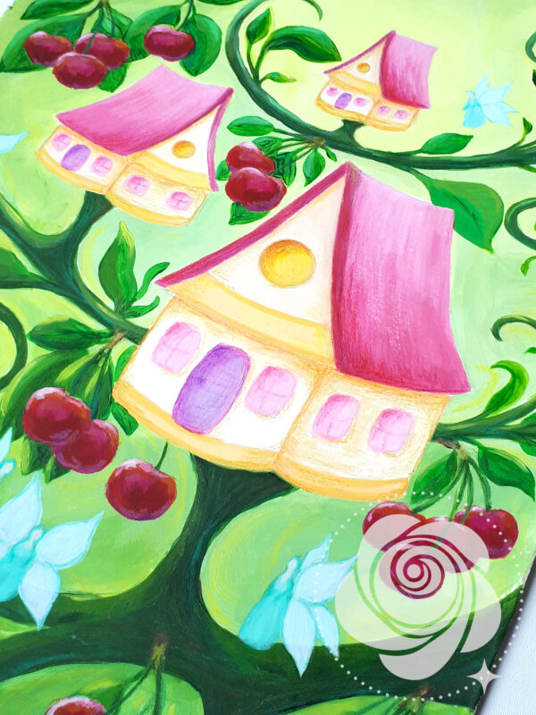 Ręcznie malowany farbami akrylowymi i kredkami bajkowy obraz przedstawiający gałęzie z czereśniami, a na nich domki wróżek i wróżki opiekujące się owocami, w kolorach zieleni i wiśniowym