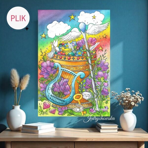 Ręcznie malowany akwarelami i tuszem bajkowy obraz przedstawiający małą wróżkę siedzącą na skraju przepełnionego skarbami pucharu, na tle kolorów tęczy, gwiazd, chmur, w otoczeniu kwiatów, drogocennych kamieni, z symbolem laski eskulapa i harfy