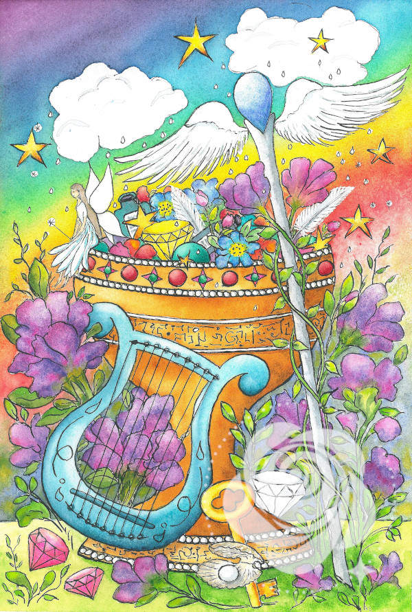 Ręcznie malowany akwarelami i tuszem bajkowy obraz przedstawiający małą wróżkę siedzącą na skraju przepełnionego skarbami pucharu, na tle kolorów tęczy, gwiazd, chmur, w otoczeniu kwiatów, drogocennych kamieni, z symbolem laski eskulapa i harfy